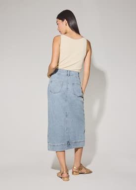 Denim Asymmetric Waistband Front Slit Column Midaxi Skirt