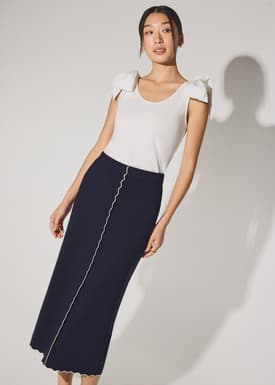 Knit Scallop Edge Column Midi Skirt