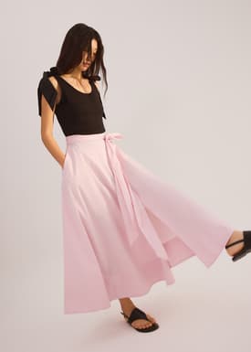Cotton Side Tie Flare Floor Length Skirt