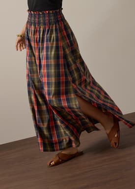 Checkered Cotton Flare Maxi Skirt