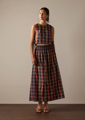 Checkered Cotton Flare Maxi Skirt