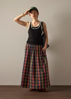Checkered Cotton Flare Maxi Skirt