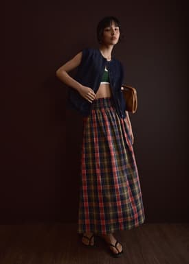Checkered Cotton Flare Maxi Skirt