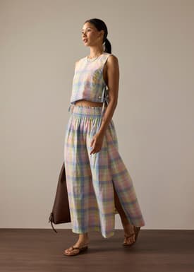 Checkered Cotton Flare Maxi Skirt