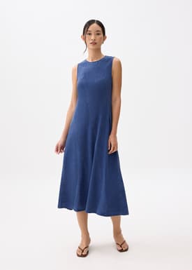 Chambray Round Neck Trapeze Midaxi Dress