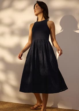 Broderie Round Neck Fit & Flare Midi Dress