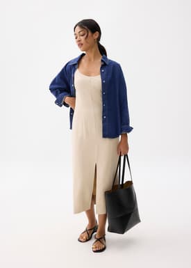 Linen Padded Column Midi Dress