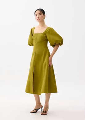 Square Neck Puff Sleeve Midi Dress