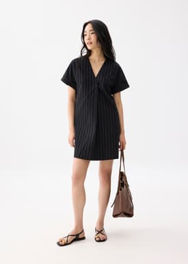 Linen Striped V-neck Shift Mini Dress