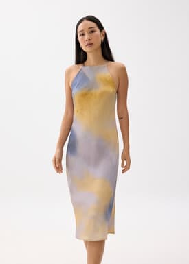 Abstract Satin Bias Cut Midi Dress