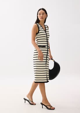 Striped Knit V-neck Column Midi Dress