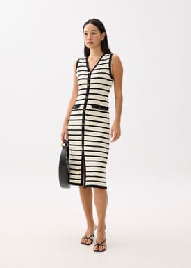 Striped Knit V-neck Column Midi Dress