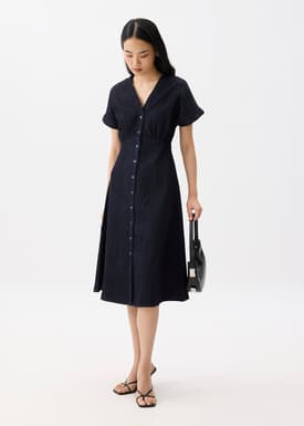 Denim V-neck Fit & Flare Midi Dress