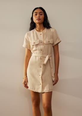 Tweed Belted Button Down Shift Dress