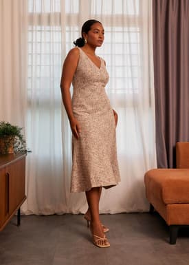 Tweed V-neck Fit & Flare Midi Dress
