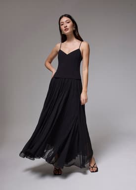 Pleated V-neck Fit & Flare Maxi Dress
