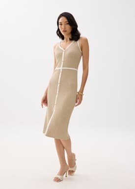 Contrast Knit V-neck Fitted Midi Dress