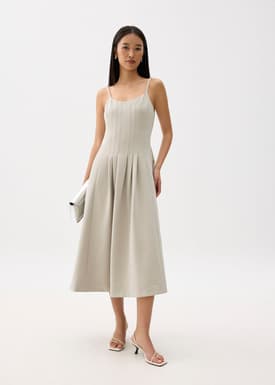 Pleated Scoop Neck Fit & Flare Midi Dress
