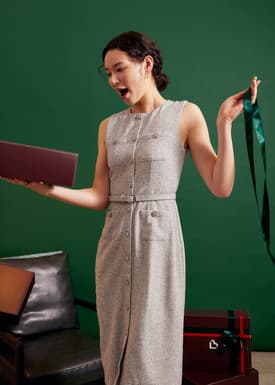 Belted Tweed Column Midi Dress