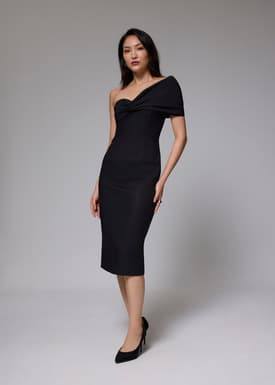 Asymmetric Front Twist Column Midi Dress
