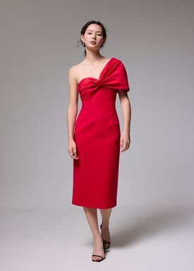 Asymmetric Front Twist Column Midi Dress