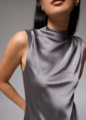 Ruched Mock Neck Shift Mini Dress