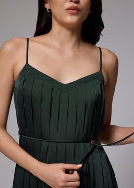 Satin V-neck Pleated Maxi Dress
