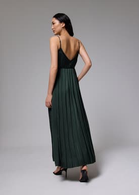 Satin V-neck Pleated Maxi Dress
