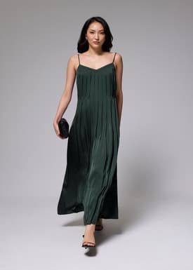 Satin V-neck Pleated Maxi Dress