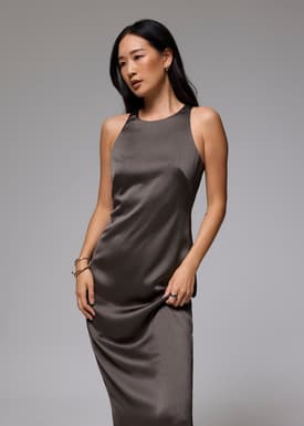 Crinkled Satin Column Midi Dress