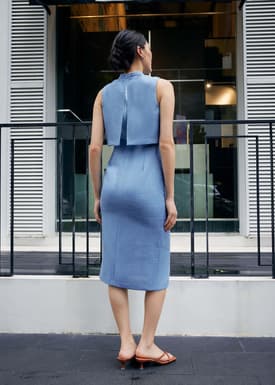 Tweed Mandarin Collar Column Midi Dress