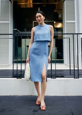 Tweed Mandarin Collar Column Midi Dress