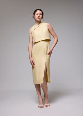 Tweed Mandarin Collar Column Midi Dress