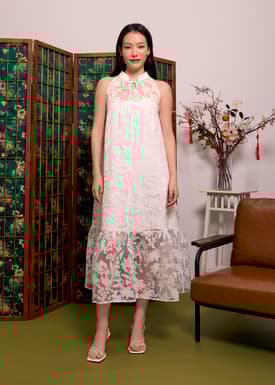 Jacquard Mandarin Collar Trapeze Midaxi Dress