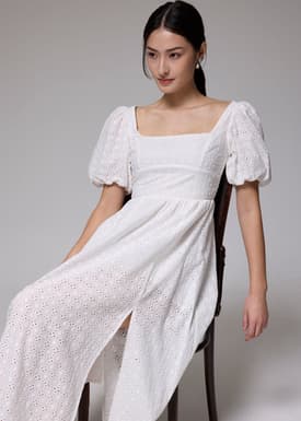 Broderie Square Neck Puff Sleeve Midaxi Dress
