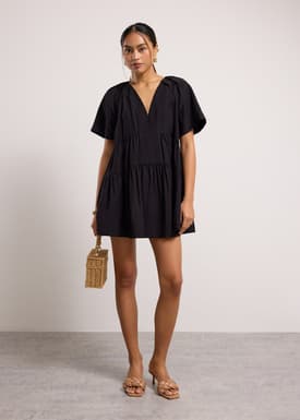 Rayon V-neck Trapeze Mini Dress