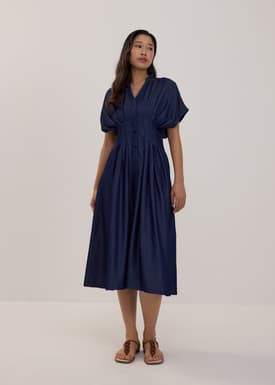 Chambray Batwing Fit & Flare Midi Dress