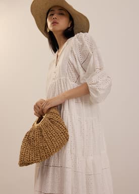 Broderie Puff Sleeve Trapeze Maxi Dress