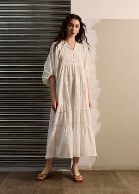 Broderie Puff Sleeve Trapeze Maxi Dress