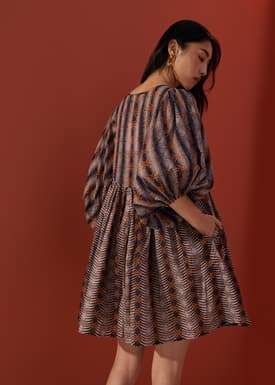 Cotton Puff Sleeve Babydoll Swing Mini Dress in Oasis Flow