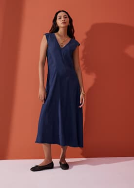 Chambray Panelled Cap Sleeve Fit & Flare Midi Dress