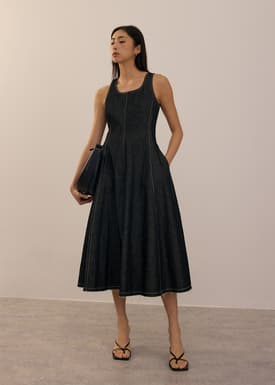 Denim Scoop Neck Midi Dress