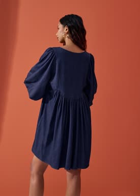 Chambray Puff Sleeve Babydoll Swing Mini Dress