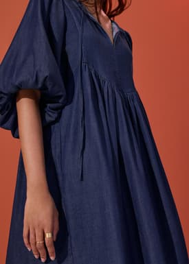 Chambray Puff Sleeve Babydoll Swing Mini Dress