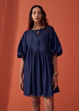 Chambray Puff Sleeve Babydoll Swing Mini Dress