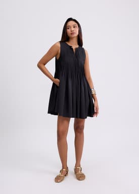 Oxford Pintuck Notched Trapeze Mini Dress