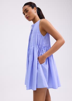 Oxford Pintuck Notched Trapeze Mini Dress