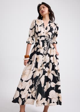 V-neck Puff Sleeve Fit & Flare Midaxi Dress in Garden City Blooms