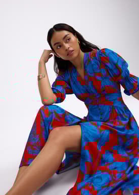 V-neck Puff Sleeve Fit & Flare Midaxi Dress in Garden City Blooms