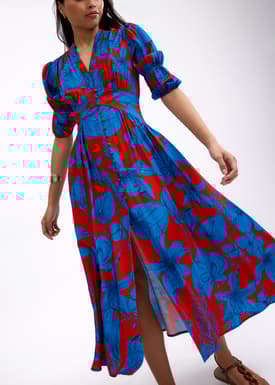 V-neck Puff Sleeve Fit & Flare Midaxi Dress in Garden City Blooms